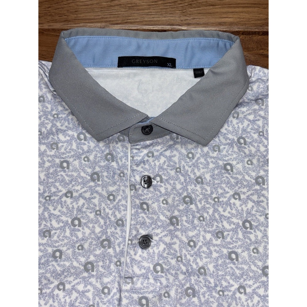 Greyson Golf Polo Shirt Mens XL White Purple Geometric Wolf AOP Performance EUC